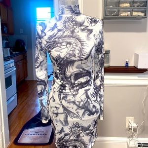 Dragon Print Mesh Transparent Mini Dress